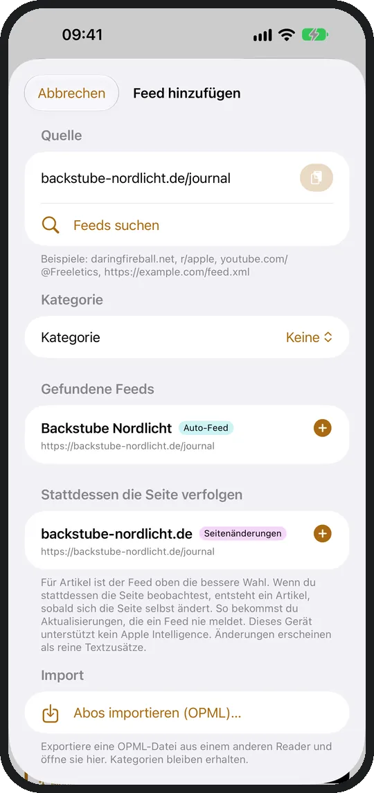 Feedwright erkennt eine Seite ohne Feed und baut einen aus der Seite selbst.