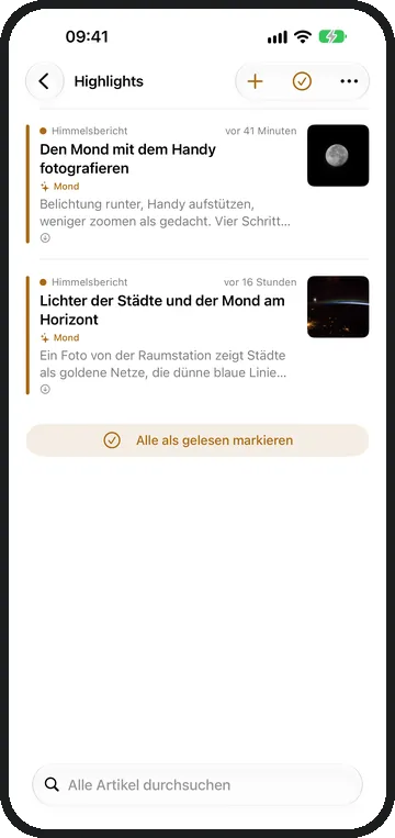 Die Ansicht Highlights mit Artikeln, in denen ein Highlight-Wort vorkommt.