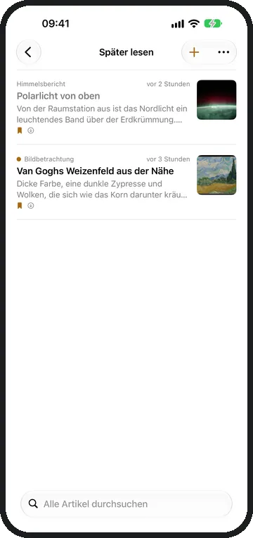 Die Liste Später lesen mit zwei aufgehobenen Artikeln.