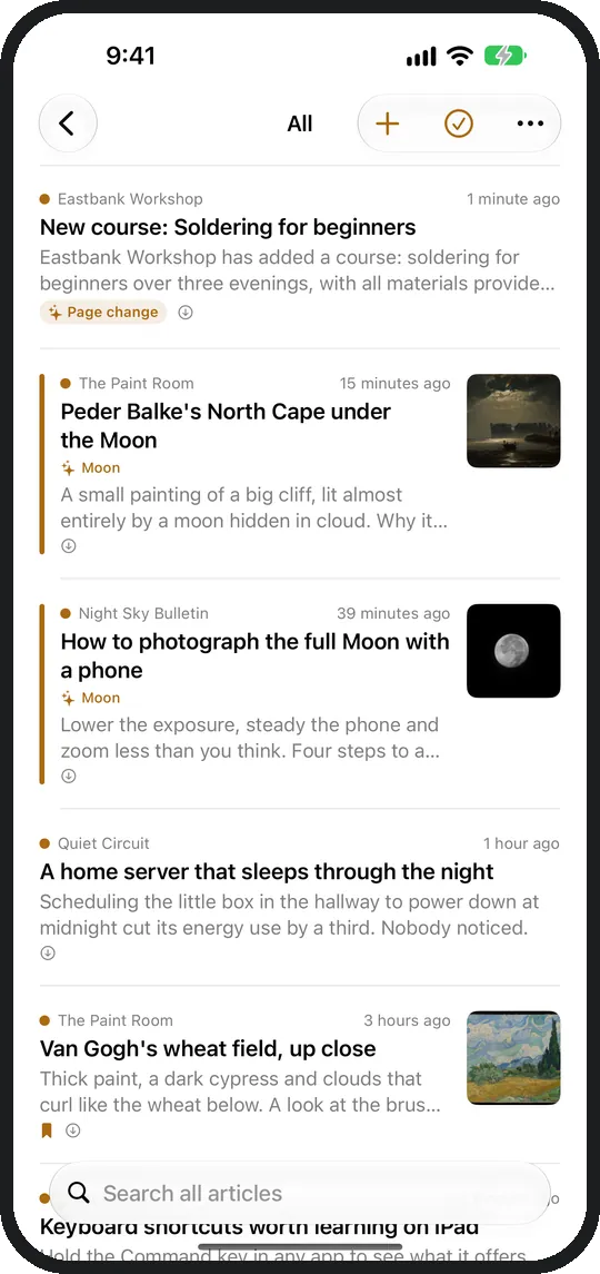 Every source in one list: RSS, Reddit, YouTube