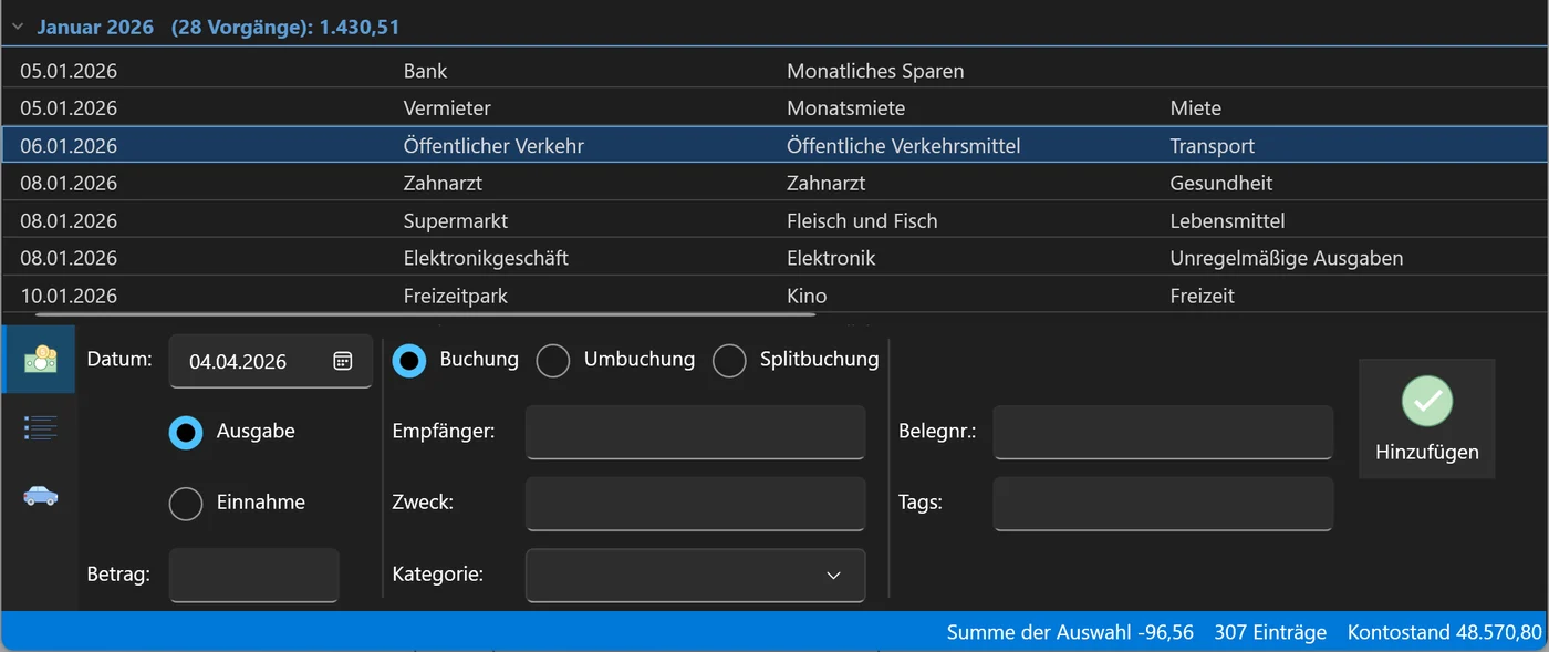 Ausschnitt aus dem Hauptfenster: Buchungen vom Januar 2026, darunter die Eingabe mit der Wahl zwischen Buchung, Umbuchung und Splitbuchung.