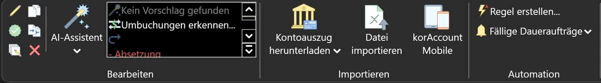 Das Menüband von korAccount mit den Gruppen Bearbeiten, Importieren und Automation, darin Kontoauszug herunterladen und Datei importieren.