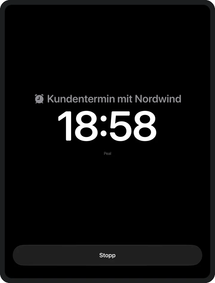 Ein Alarm von Peal bildschirmfüllend auf dem iPad.