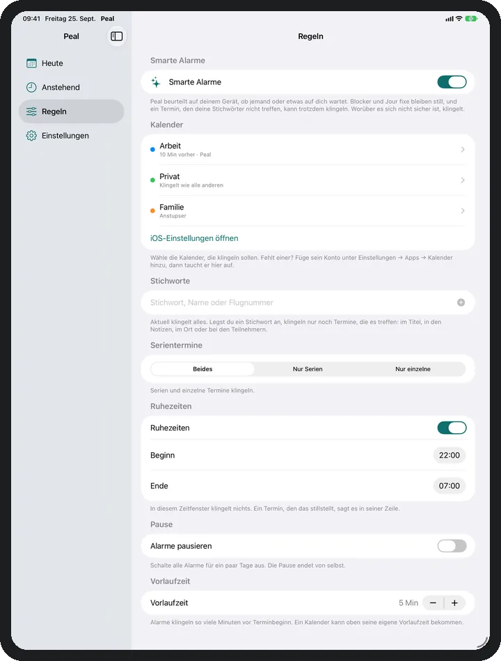 Der Bildschirm Regeln auf dem iPad mit Kalendern und Stichwörtern.