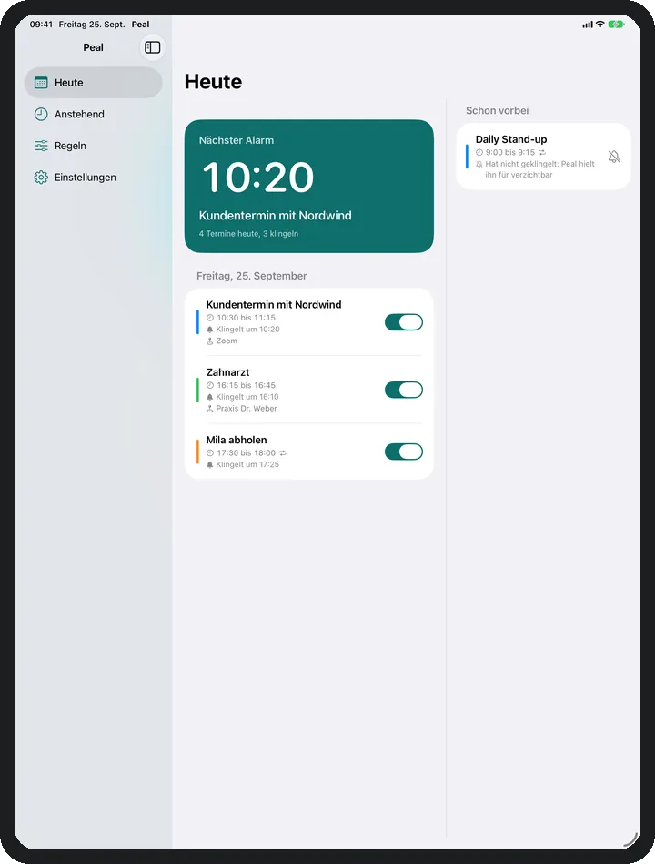 Peal auf dem iPad: der Bildschirm Heute mit Seitenleiste und zwei Spalten.