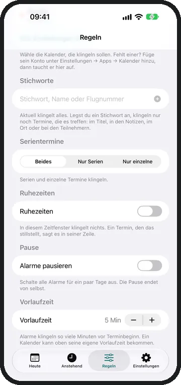 Der Bildschirm „Regeln“ mit Kalendern, Stichwörtern und Ruhezeiten.