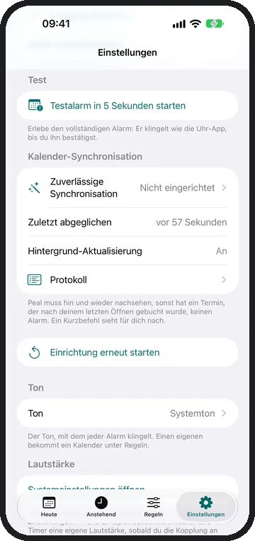 Der Bildschirm „Einstellungen“ mit Ton, Kalenderabgleich und Berechtigungen.