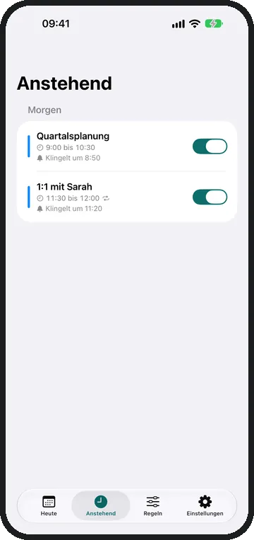 Der Bildschirm „Demnächst“ mit den Terminen der nächsten Tage.