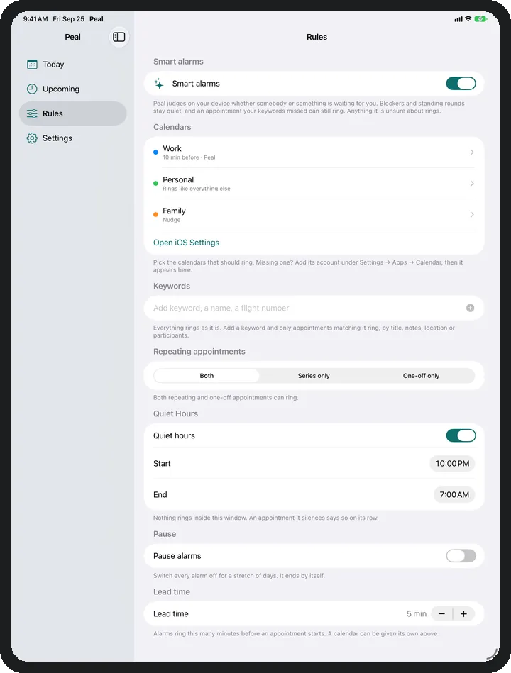 The Rules screen on iPad with calendars and keywords.