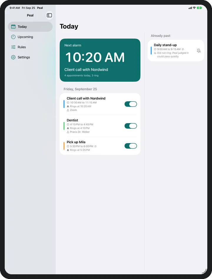 Peal on iPad: the Today screen with sidebar and two columns.
