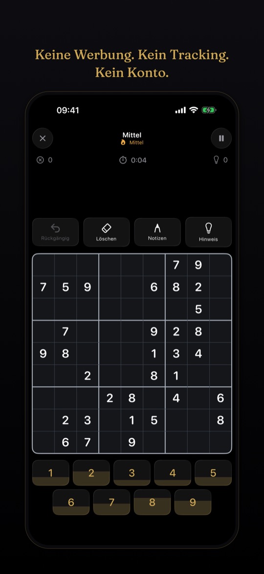 Ein Sudoku-Brett in Sudoku Still, ruhig und ohne Werbung.