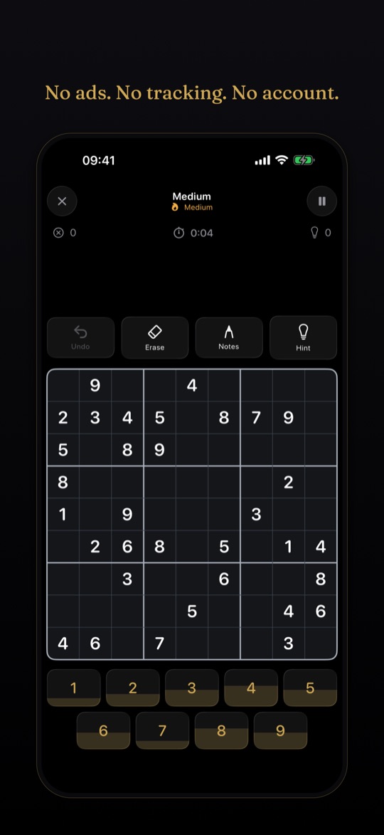 A sudoku board in Sudoku Still, calm and free of ads.
