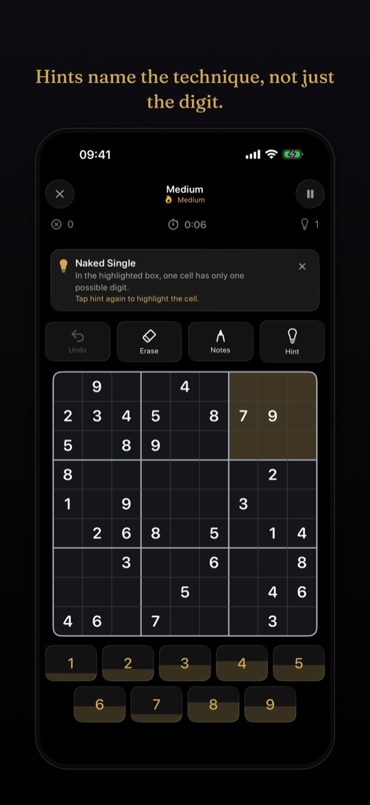 A hint names the technique and marks the pattern on the board.