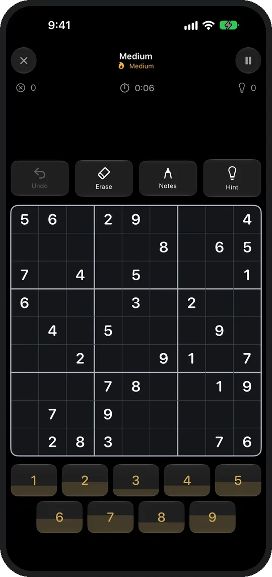 A sudoku board in Sudoku Still, calm and free of ads.