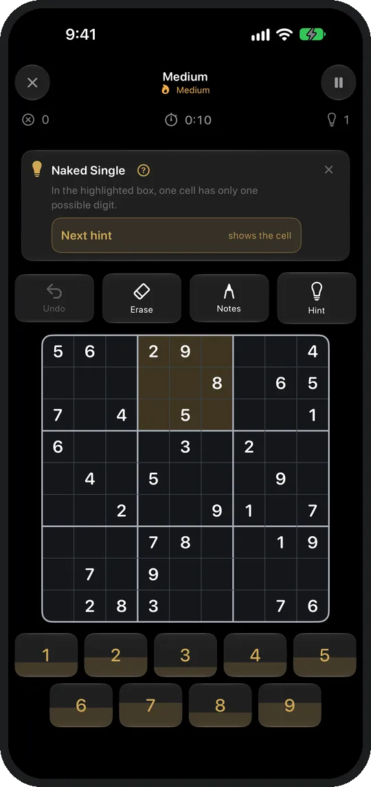 A hint names the technique and marks the pattern on the board.